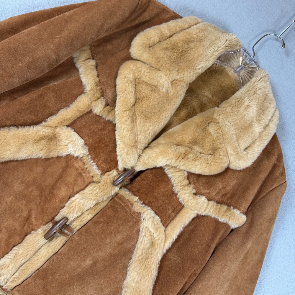 Oxford Jacket Womens M Custom Tailor Shearling Suede Tan Faux Fur Toggle 70s